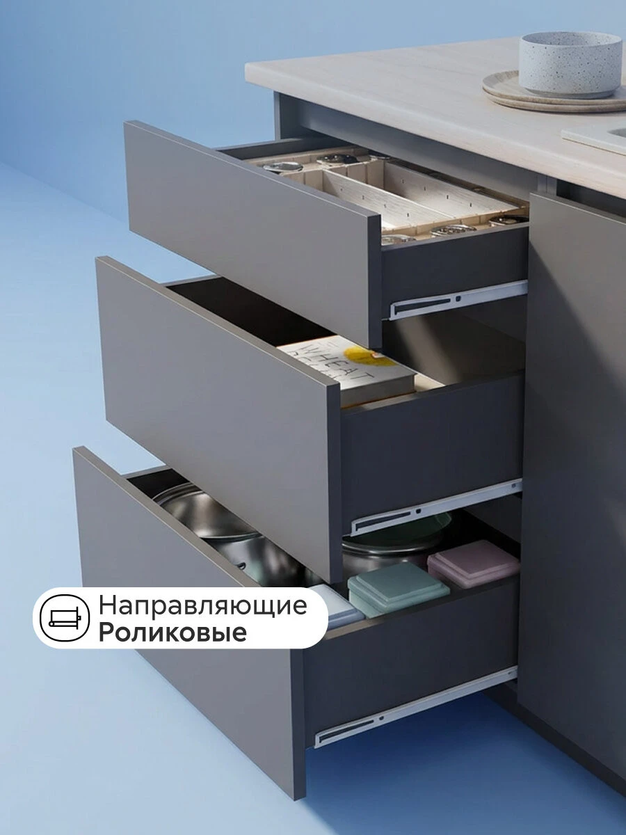 Модульная кухня прямая Фредми, 2.0 м (графит серый / столешница: дуб сонома)